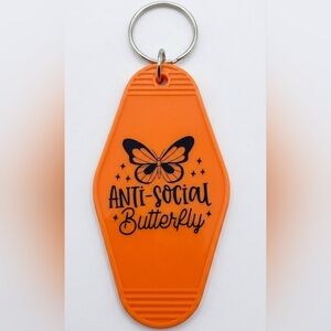 Handmade Anti-Social Butterfly Motel Keychain Orange Retro Boho 70s Style